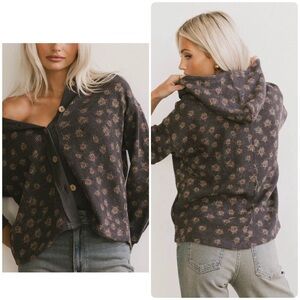 EUC Bohme Tarah Knit Jacket Hoodie Button-Up Cardigan in Charcoal Gray Rose Boho